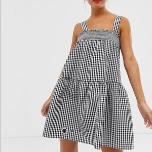 ASOS DESIGN Shirred Trapeze Mini Sun Dress in Gingham - US 12 - Black & White